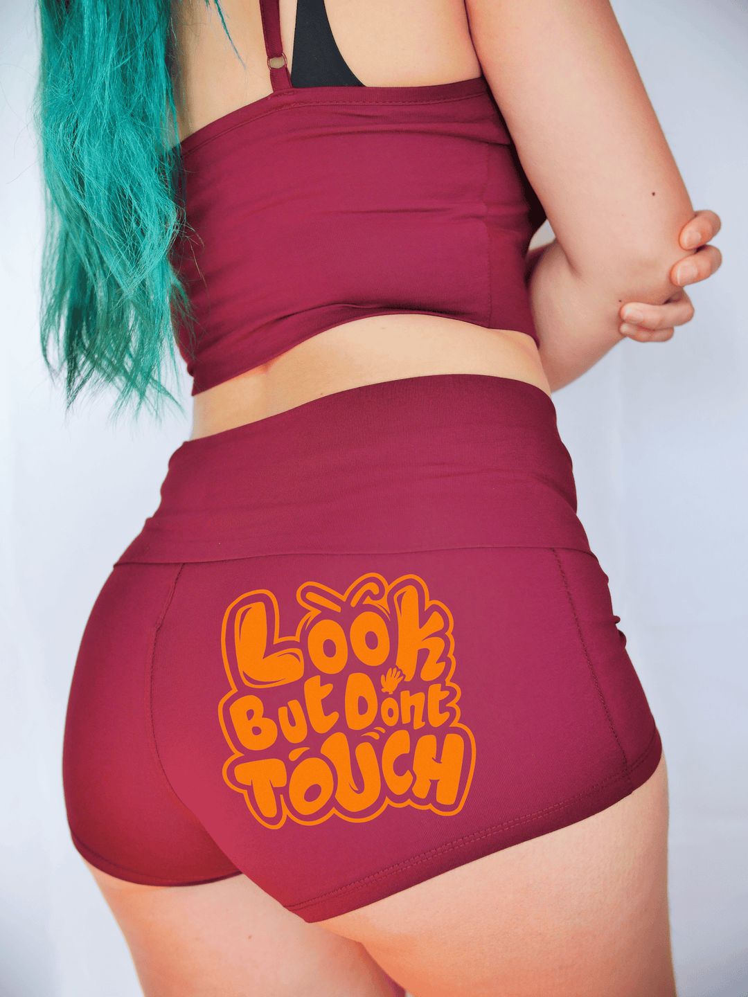 PixelThat Punderwear Yoga Shorts S / Burgundy Look But Don't Touch Yoga Shorts