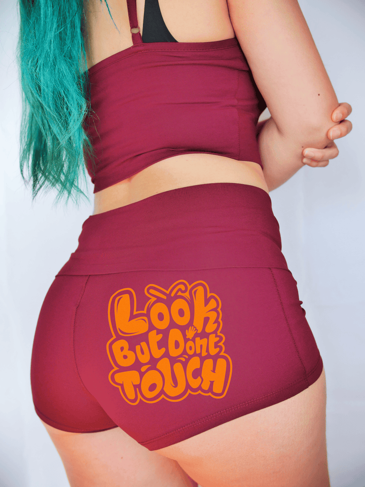 PixelThat Punderwear Yoga Shorts S / Burgundy Look But Don't Touch Yoga Shorts