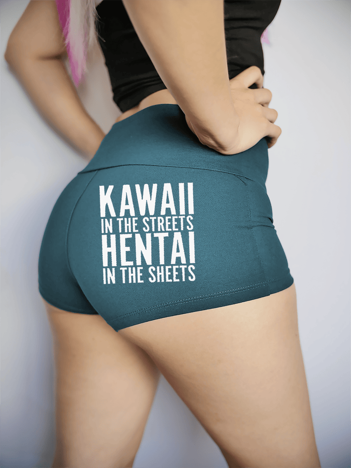 PixelThat Punderwear Yoga Shorts S / Dusk Teal Kawaii In The Streets Hentai In The Sheets Yoga Shorts