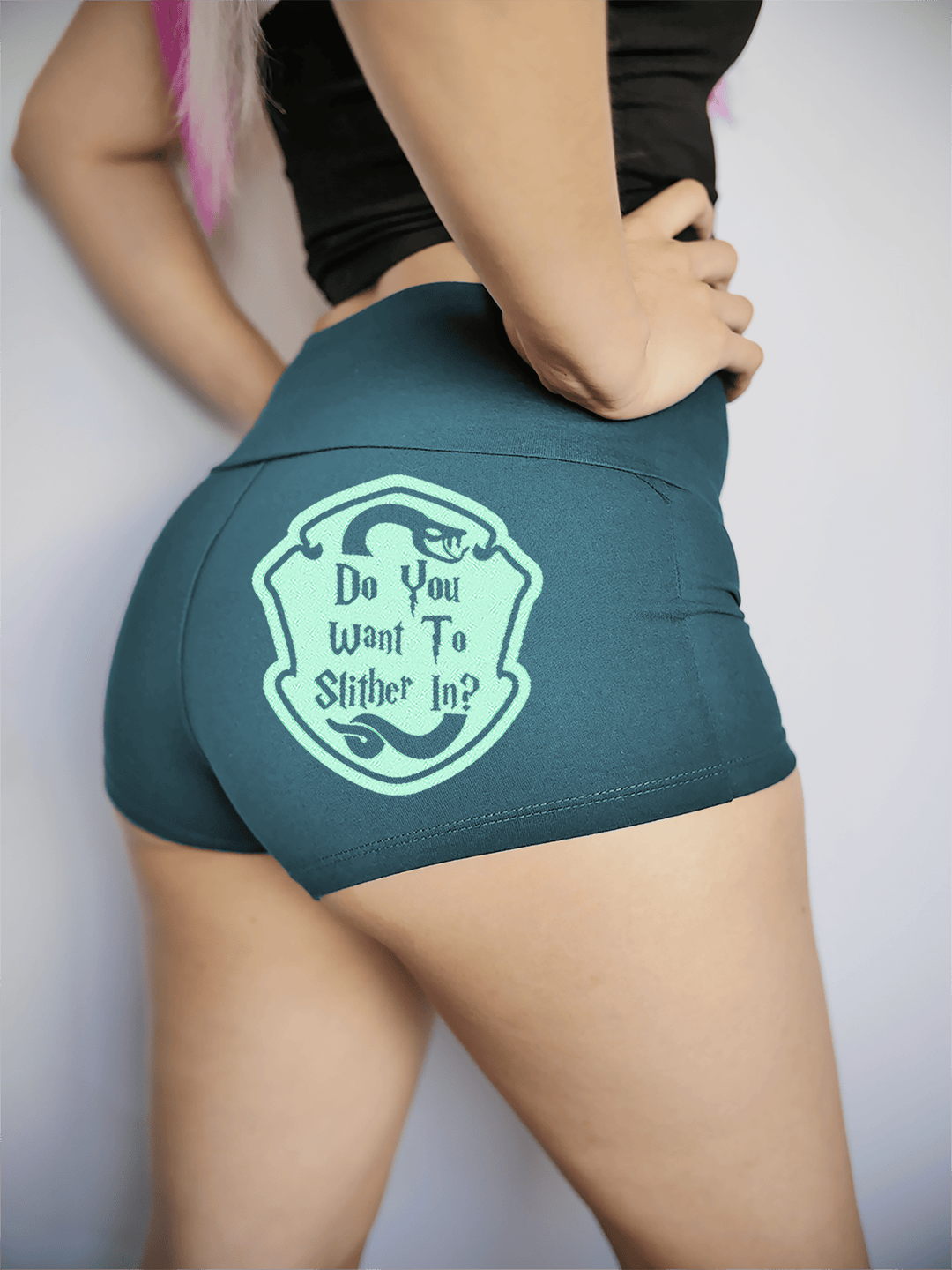 PixelThat Punderwear Yoga Shorts S / Dusk Teal Slither In? Yoga Shorts