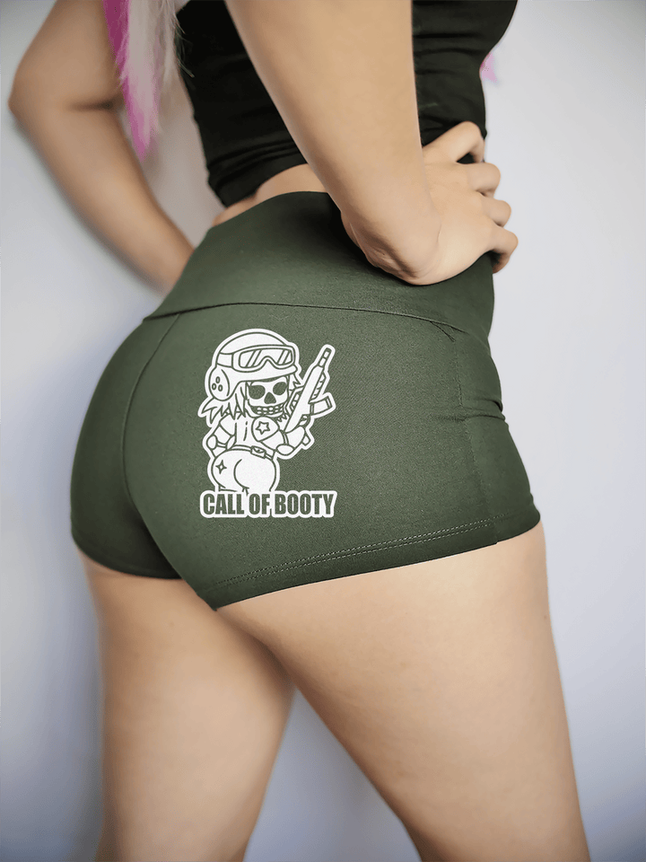 PixelThat Punderwear Yoga Shorts S / Dark Green Call Of Booty Yoga Shorts