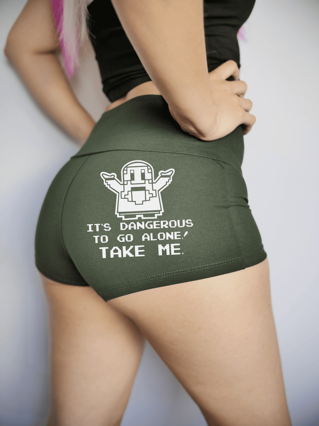 PixelThat Punderwear Yoga Shorts S / Dark Green Its Dangerous, Take Me Yoga Shorts