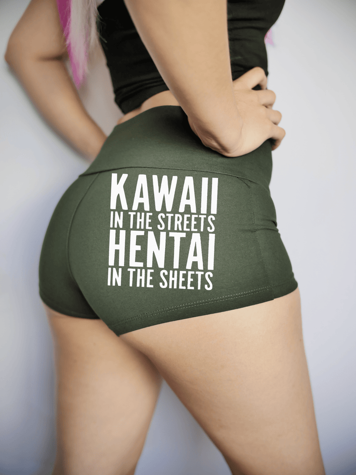 PixelThat Punderwear Yoga Shorts Small / Dark Green / Yoga Short Kawaii In The Streets Hentai In The Sheets Yoga Shorts