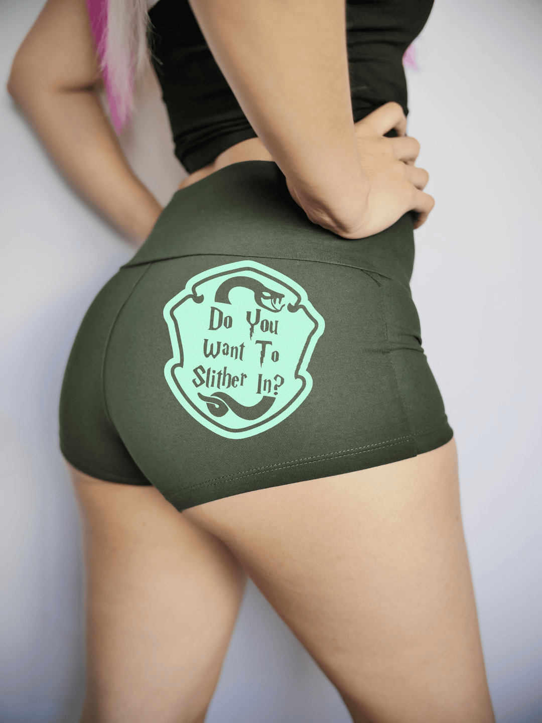 PixelThat Punderwear Yoga Shorts Small / Dark Green / Yoga Short Slither In? Yoga Shorts
