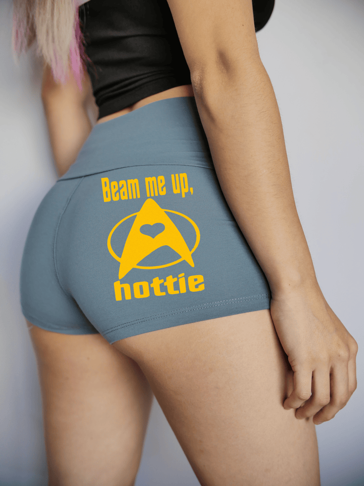 PixelThat Punderwear Yoga Shorts Small / Steel Blue / Yoga Short Beam Me Up Hottie Yoga Shorts/Pants
